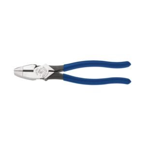 High-leverage lineman's pliers with dark blue plastic-dipped handles