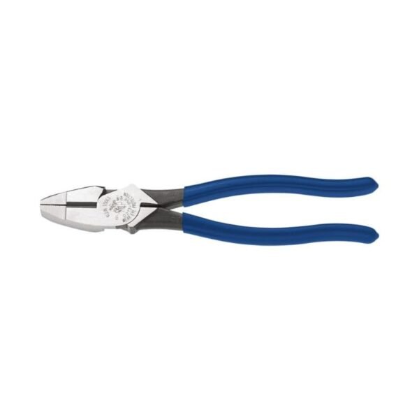 High-leverage lineman's pliers with dark blue plastic-dipped handles