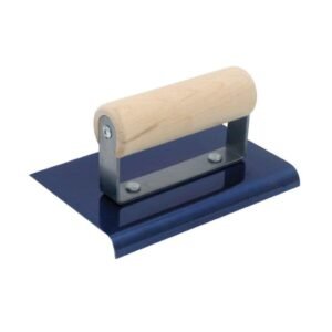 QLT blue steel hand edger in use on a concrete slab.