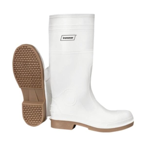 Ironwear 16-inch white steel toe safety boots in use at a construction site.