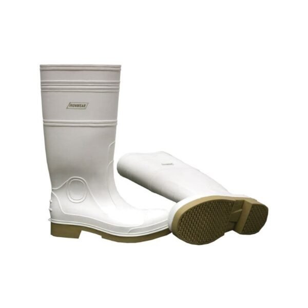 Ironwear 16-inch white steel toe safety boots in use at a construction site.
